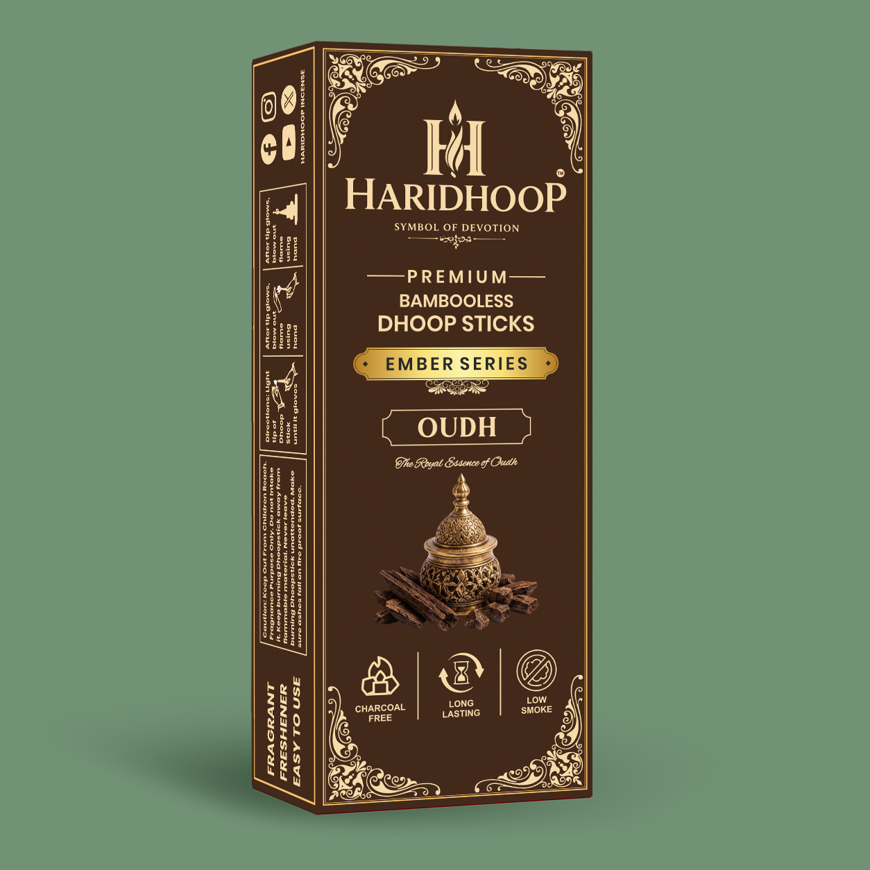 Haridhoop Oudh Bambooless Dhoop Sticks 100% Natural Charcoal Free Dhoop Sticks with Long Lasting Fragrance(10 sticks)